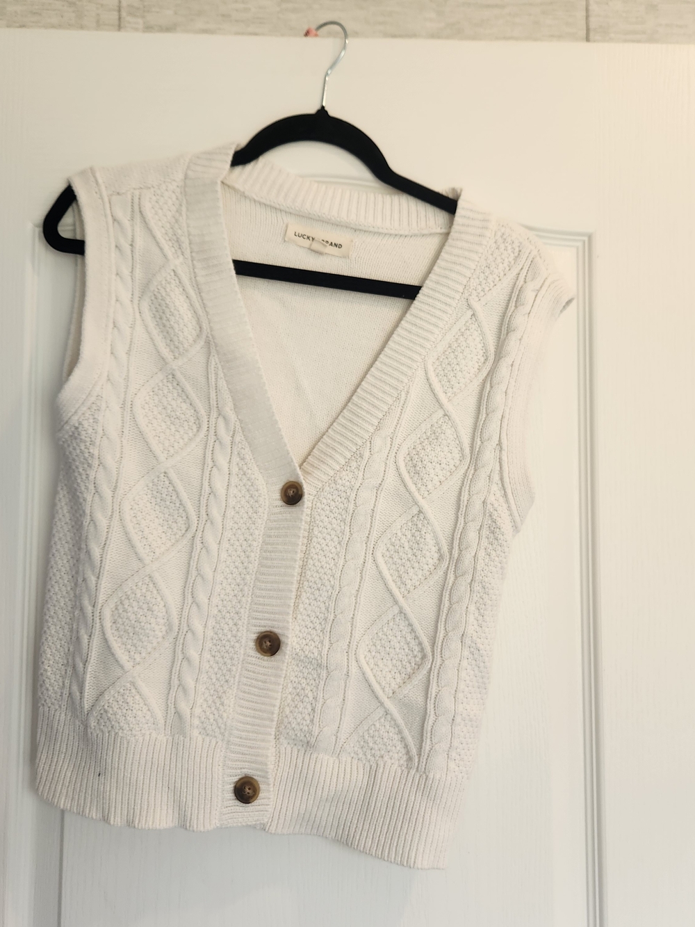 Lucky Brand Cream Cable Knit Button-Front Sweater Vest S Euc